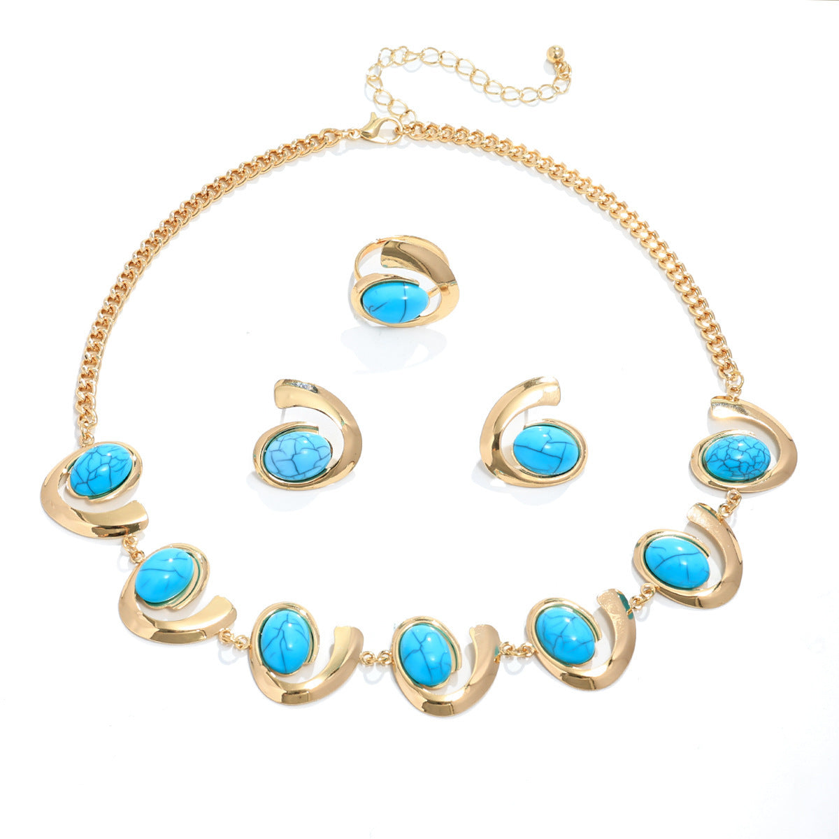 Inlaid Turquoise Spiral Earrings Necklace Bracelet Ring Set Weloria