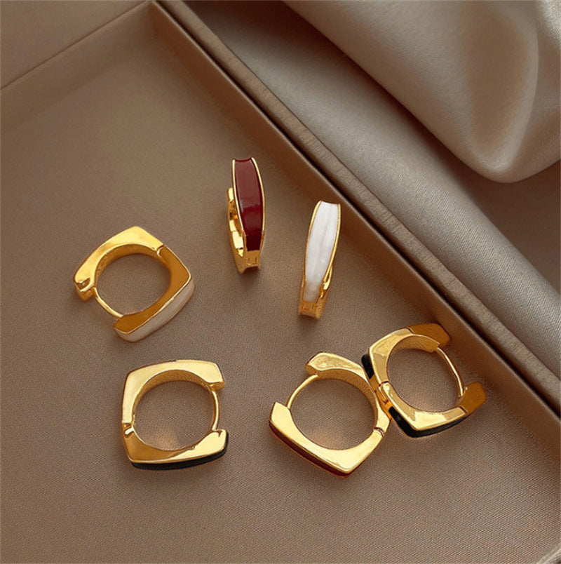 Double-sided Oil Dripping White Ear Clip Simple Exquisite Geometric Square Earrings Weloria