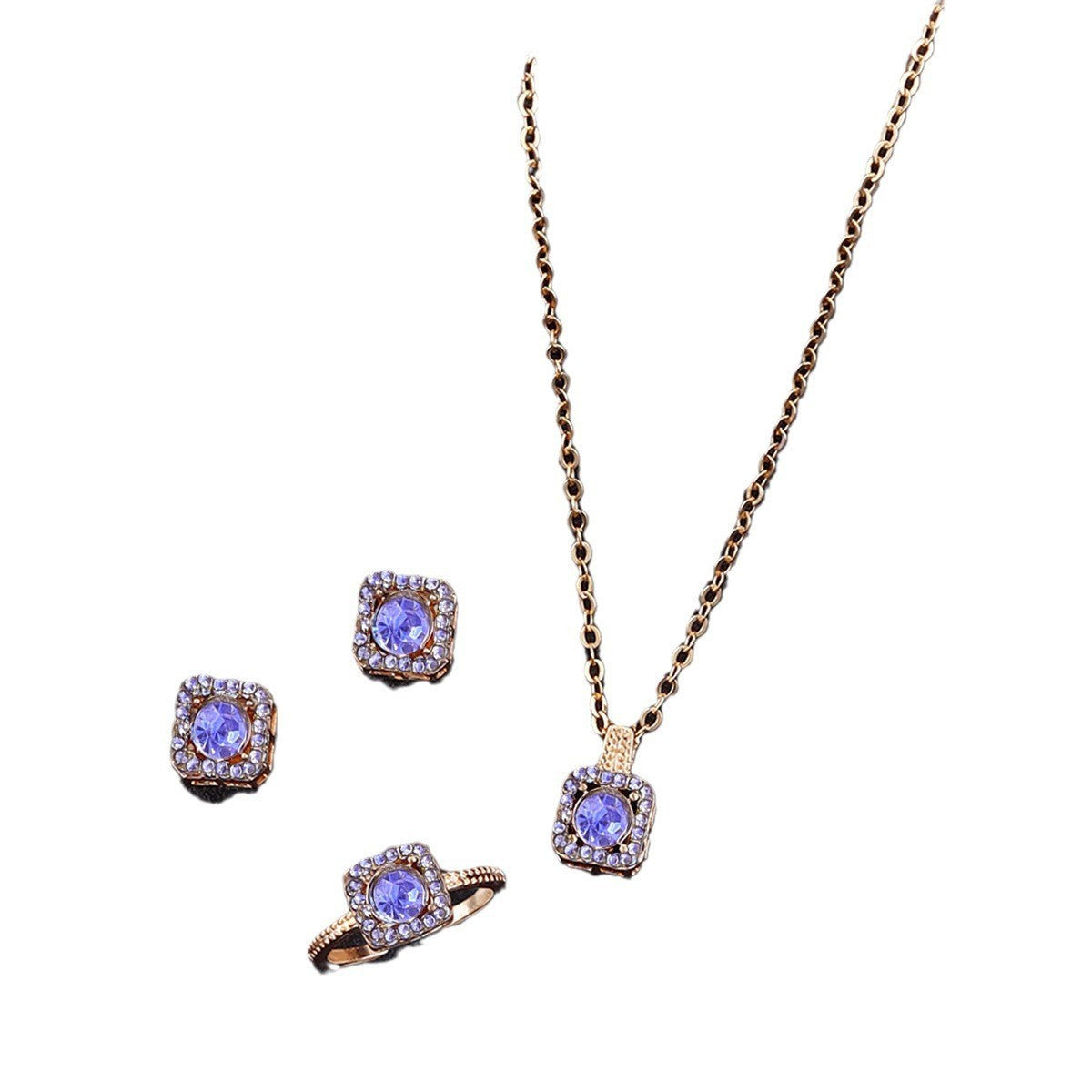 Square Women's Fashion Simple Necklace Rings Ear Studs Three-piece Set Weloria