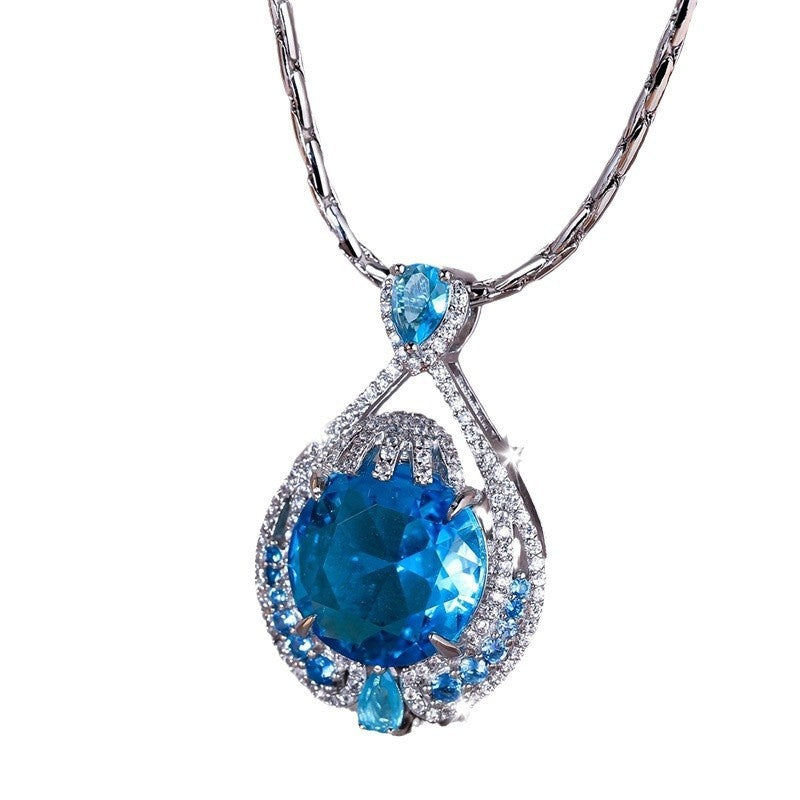 Simple Stylish Pendant Women's Bright Fireworks Cut Big Gram Blue Colored Gems Necklace Weloria