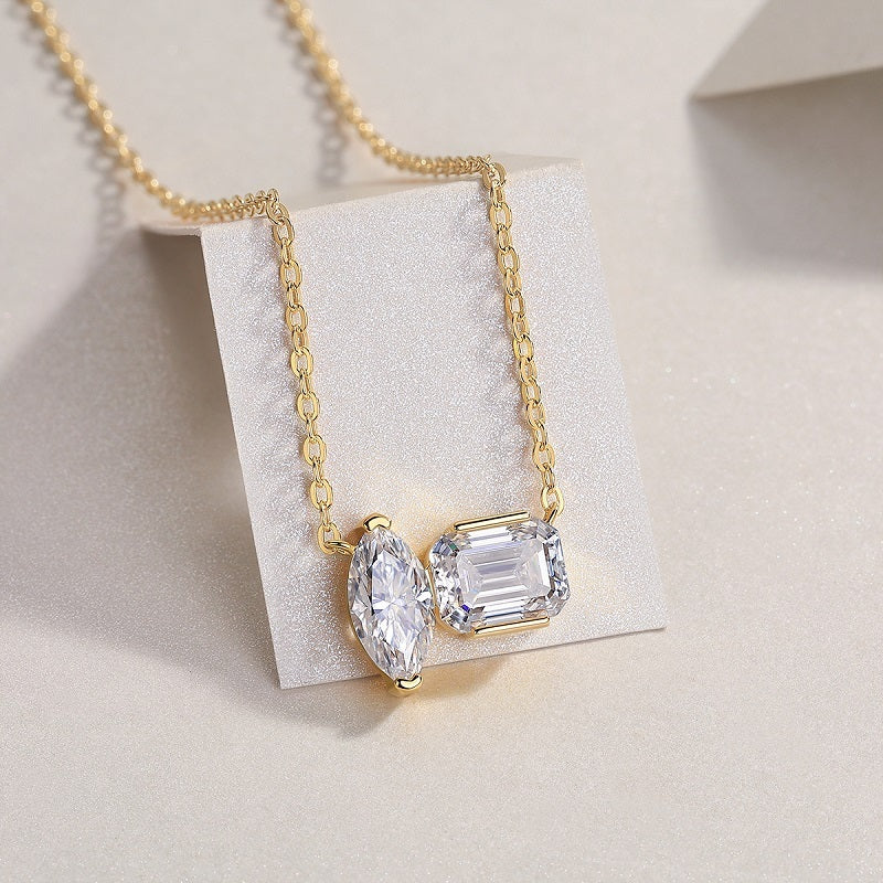 Double Diamond Shadow - Set With Two Octagonal Horse Eye Moissanite S925 Sterling Silver And Gold-plated Pendant, Fashionable Diamond Jewelry, Silver Jewelry, 3g Sterling Silver Jewelry Weloria