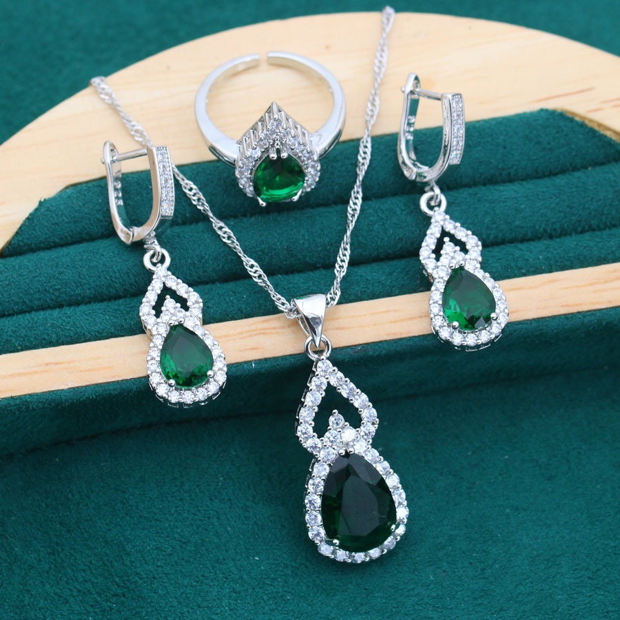 Zircon Inlaid Water Drop Jewelry Earring Ring Necklace Weloria