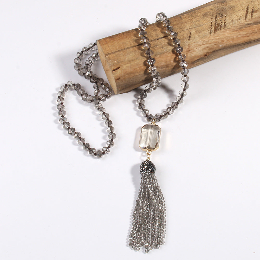 Crystal Glass Necklace Square Glass With Glass Tassel Necklace Sweater Chain Weloria