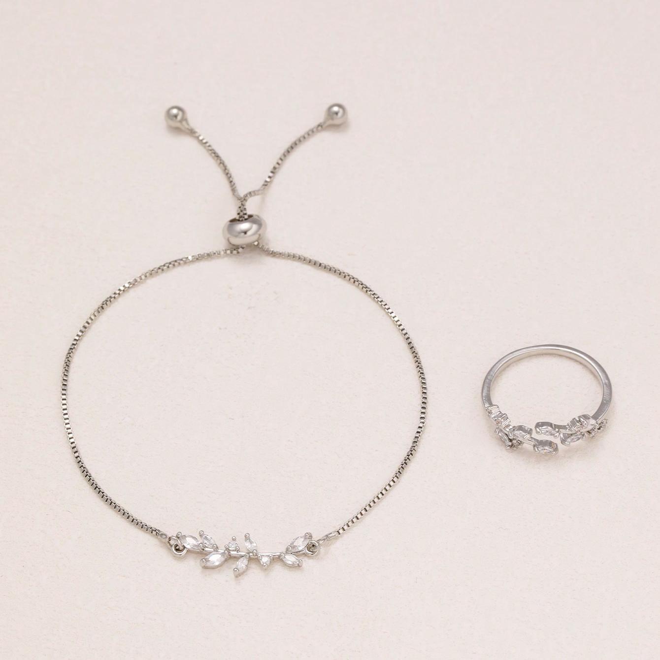 2pcs Fashion Silver Horse Eye Crystal Zircon Leaf Bracelet And Ring,Pulling Bracelet Suitable For Women's Daily Holiday Outfits Weloria