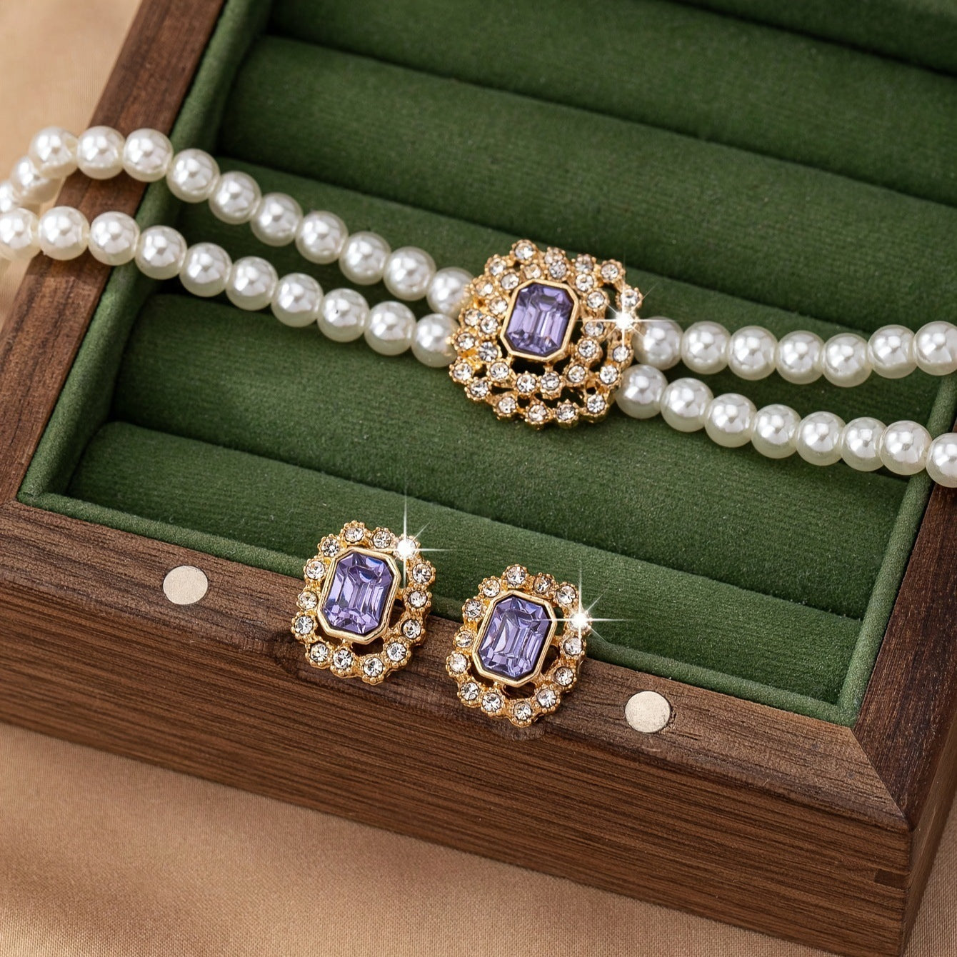 Stylish Elegant Double Row Pearl Square Diamond-studded Necklace Earings Set Weloria