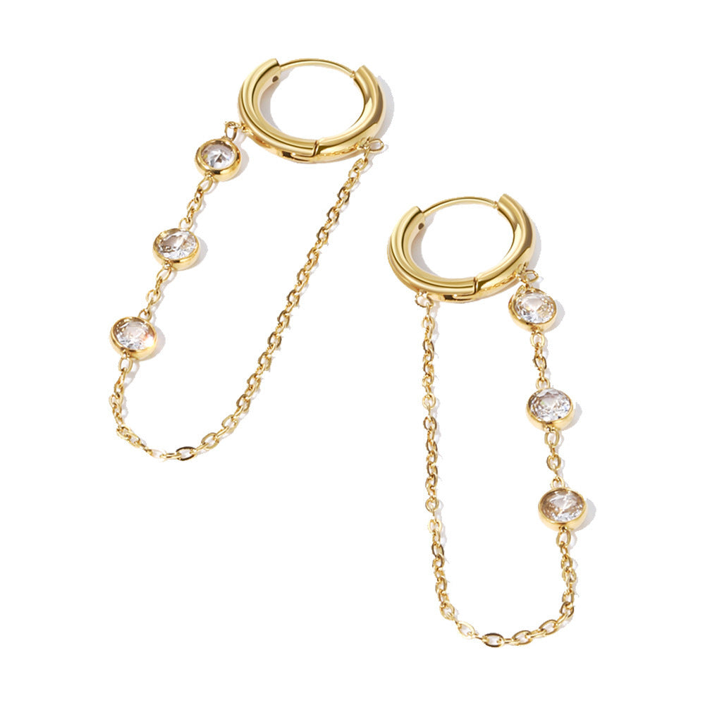 Internet Hot Chain Zircon Tassel Titanium Steel Earrings Weloria