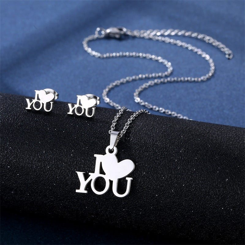 Stainless Steel Necklace Ear Stud Combination Suit Weloria