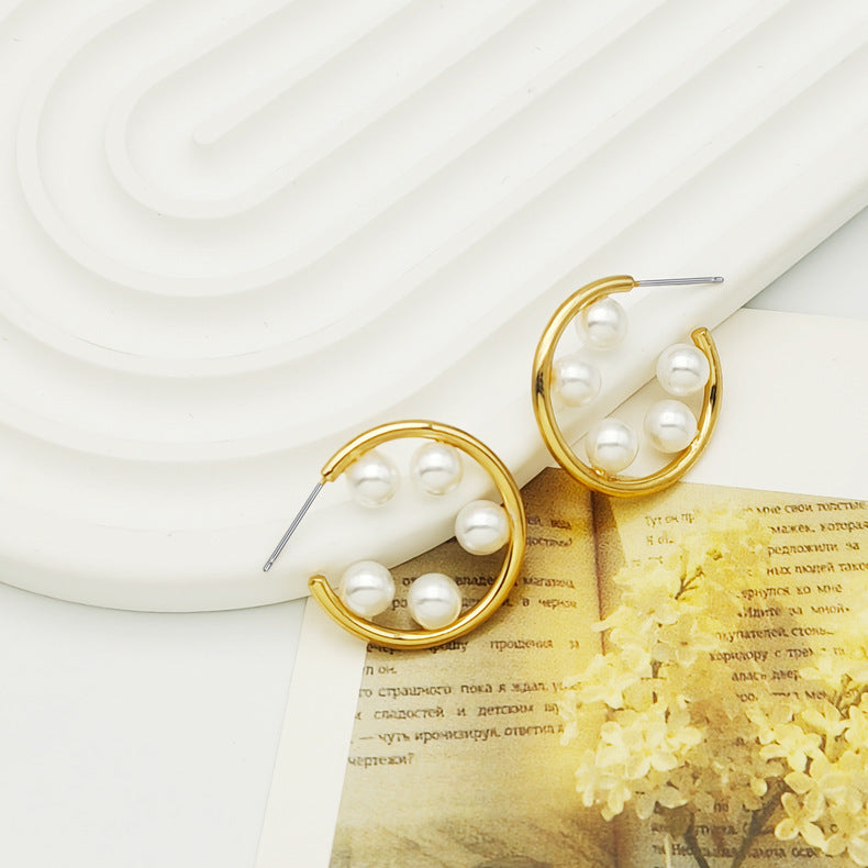 Alloy Gold Plated Pearl Stud Earrings Weloria