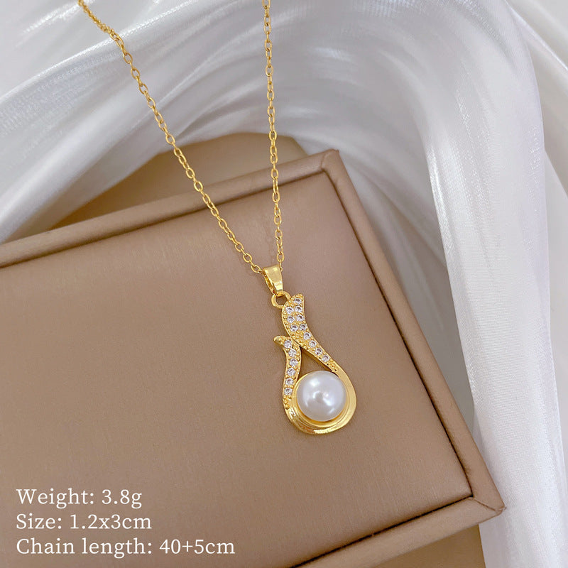 Necklace And Earrings Suite Light Luxury Full Diamond Pearl Weloria