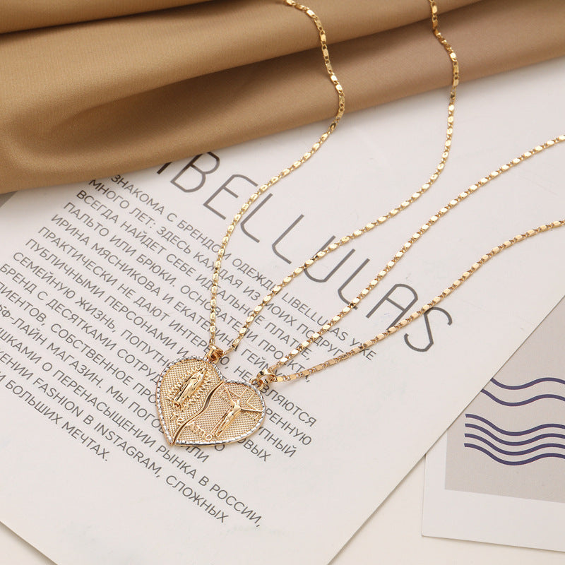 Real Gold Electroplated Jesus Pattern Two-half Love Pendant Twin Clavicle Chain Weloria