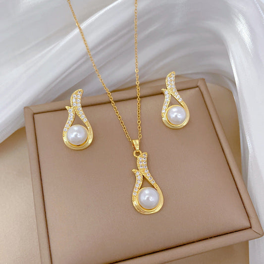 Necklace And Earrings Suite Light Luxury Full Diamond Pearl Weloria