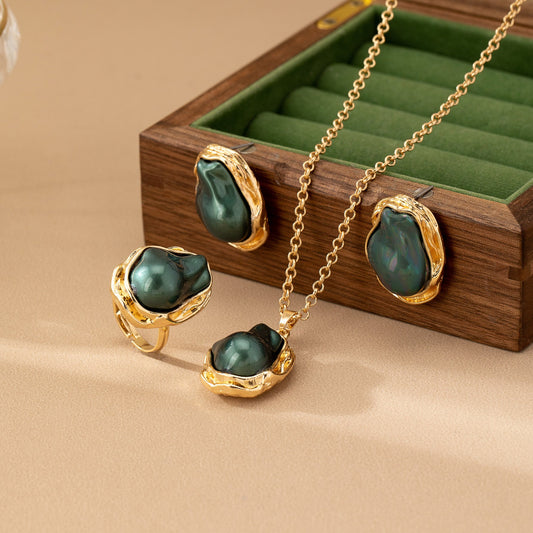 Retro Green Irregular Inlaid Imitation Pearl Necklace Ear Stud And Ring Weloria