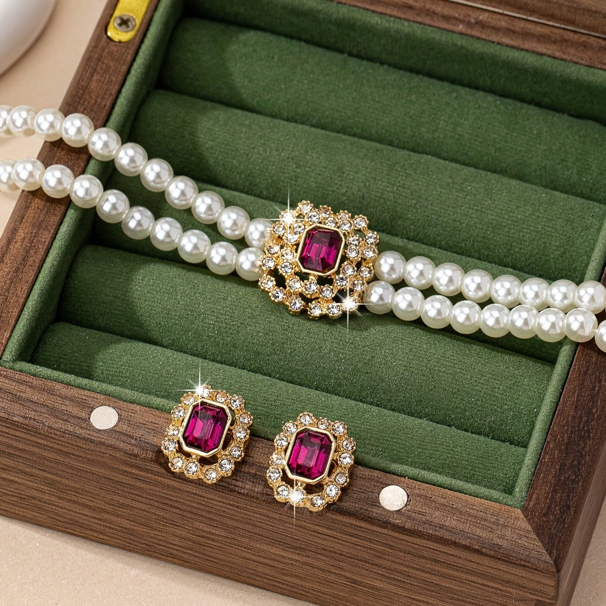 Stylish Elegant Double Row Pearl Square Diamond-studded Necklace Earings Set Weloria