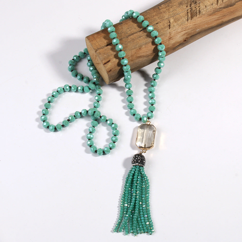 Crystal Glass Necklace Square Glass With Glass Tassel Necklace Sweater Chain Weloria
