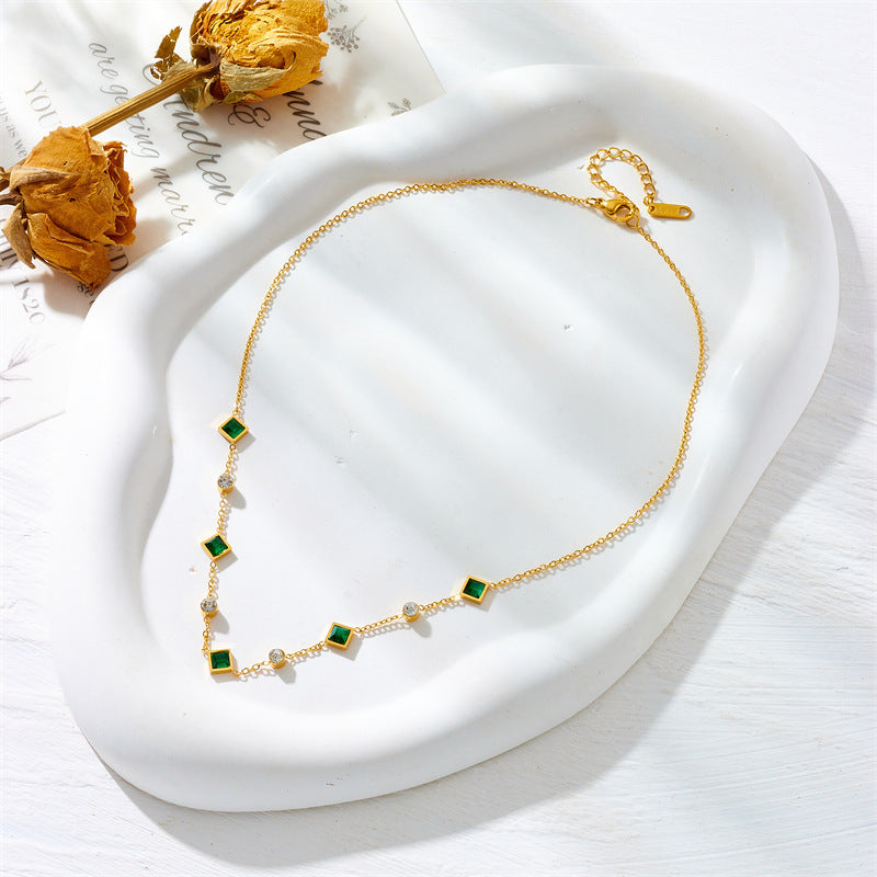 Stainless Steel Cube Emerald Zircon Personality Simple Niche Does Not Fade Necklace Weloria