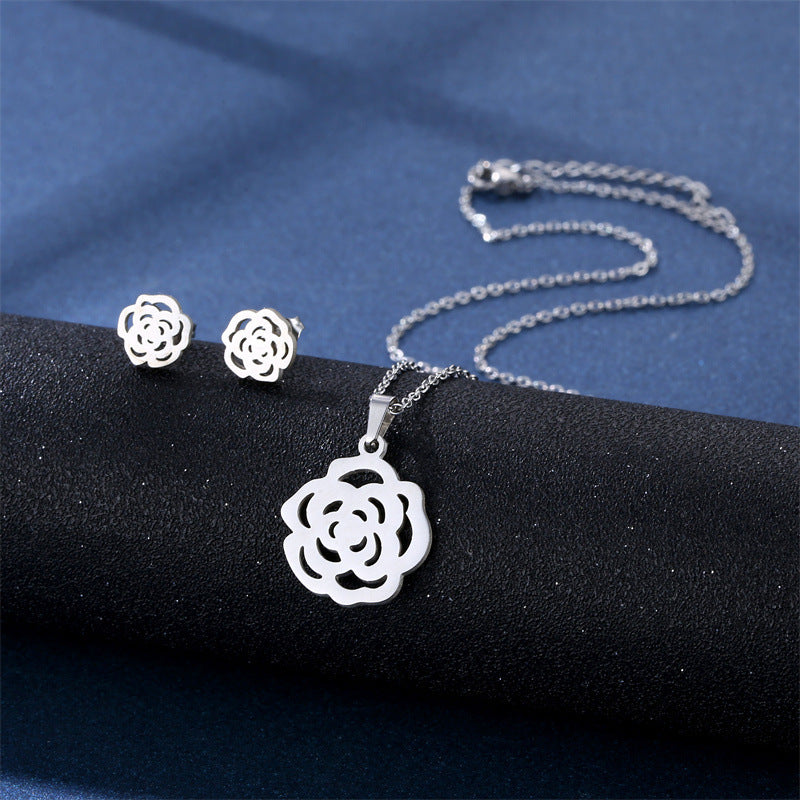 Stainless Steel Necklace Ear Stud Combination Suit Weloria