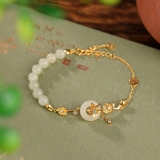 Hetian Jade Lotus Peace Buckle Antique Elegant Graceful Bracelet Weloria