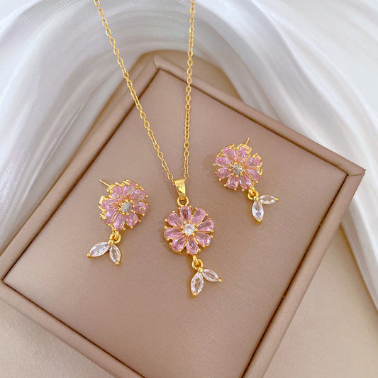 Necklace And Earrings Suite Light Luxury Full Diamond Flowers Weloria