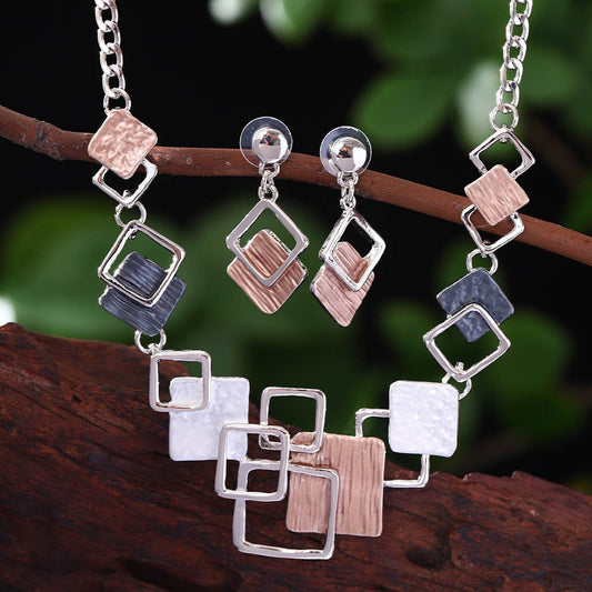 Necklace And Earrings Kit Zinc Alloy Geometric Square Color Oil Necklace Hollow Female Weloria