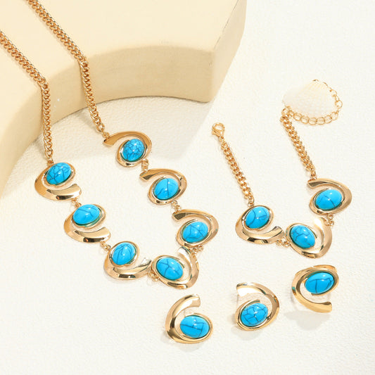 Inlaid Turquoise Spiral Earrings Necklace Bracelet Ring Set Weloria
