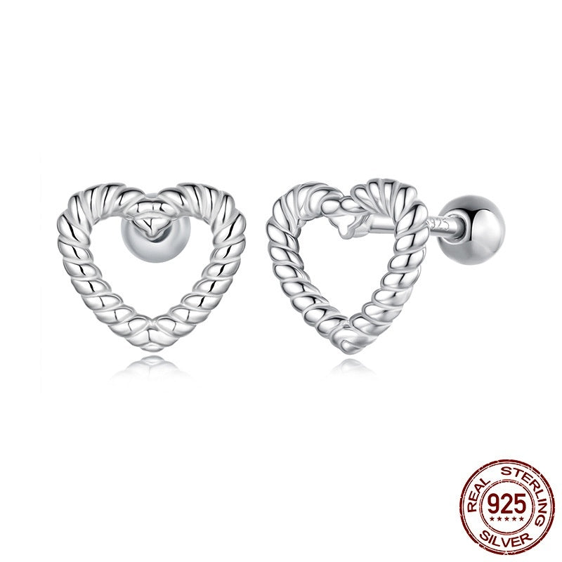 S925 Sterling Silver Hollow Twist Love Heart Stud Earrings Weloria