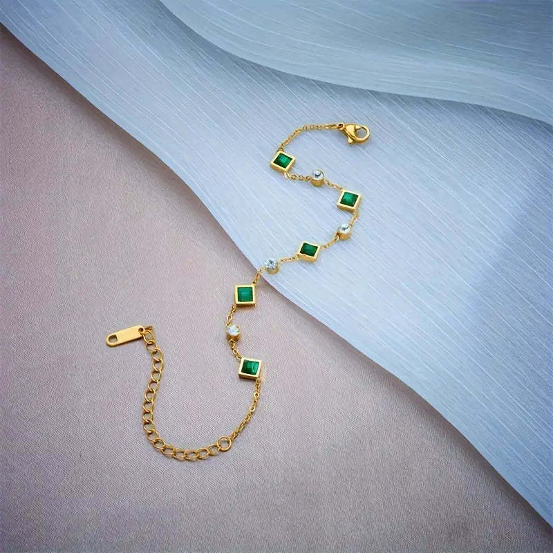 Fashion Gold-plated Titanium Steel Square Emerald Inlaid Rhinestone Bracelet Weloria