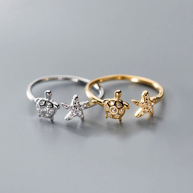 Graceful Mori Inlaid Zircon Cute Animal Turtle Starfish Ring For Women Weloria