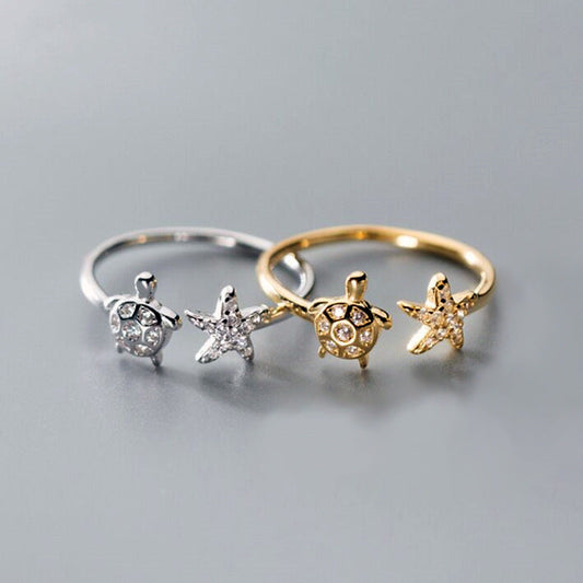 Graceful Mori Inlaid Zircon Cute Animal Turtle Starfish Ring For Women Weloria