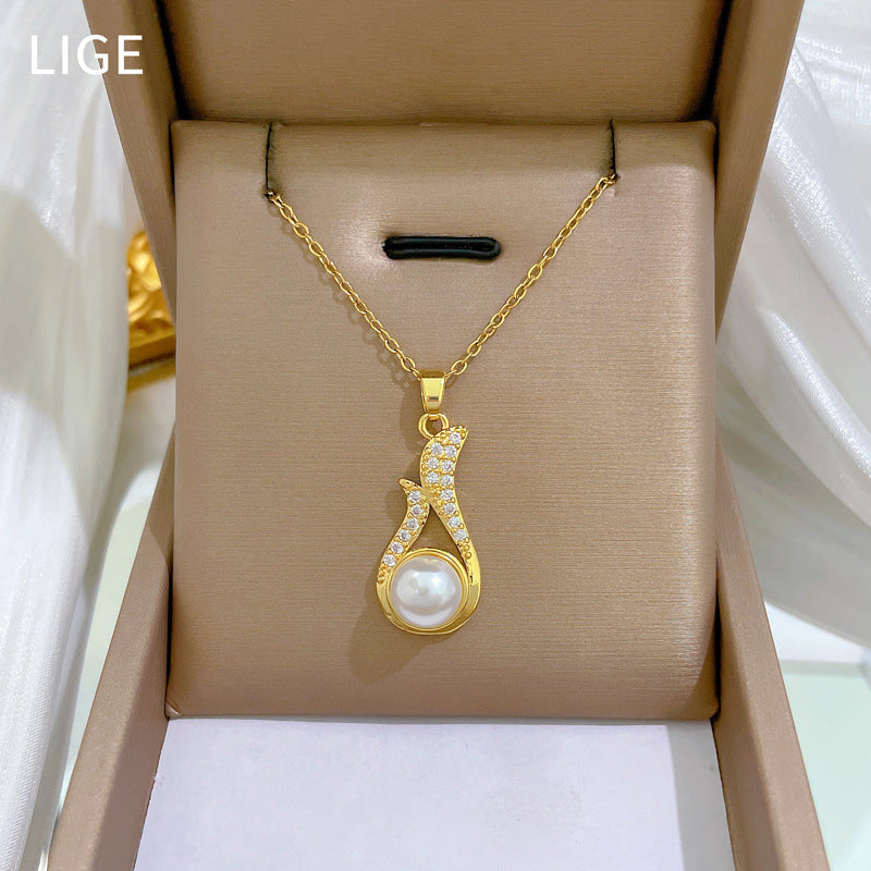 Necklace And Earrings Suite Light Luxury Full Diamond Pearl Weloria
