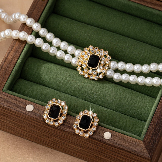 Stylish Elegant Double Row Pearl Square Diamond-studded Necklace Earings Set Weloria