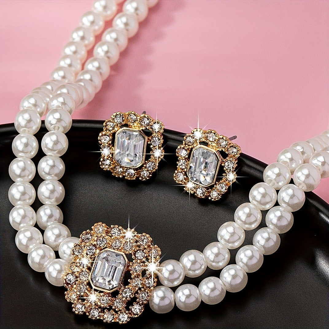 Stylish Elegant Double Row Pearl Square Diamond-studded Necklace Earings Set Weloria
