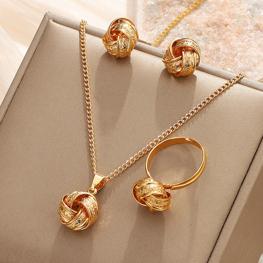 Twisted Bends And Hitches Creative Knotted Necklace Ear Stud Ring Jewelry Suit Weloria