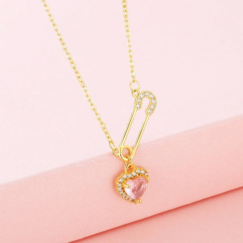 Rhinestone Heart-shaped Pin Necklace Special-interest Design Exquisite High-grade Light Luxury Clavicle Chain Weloria