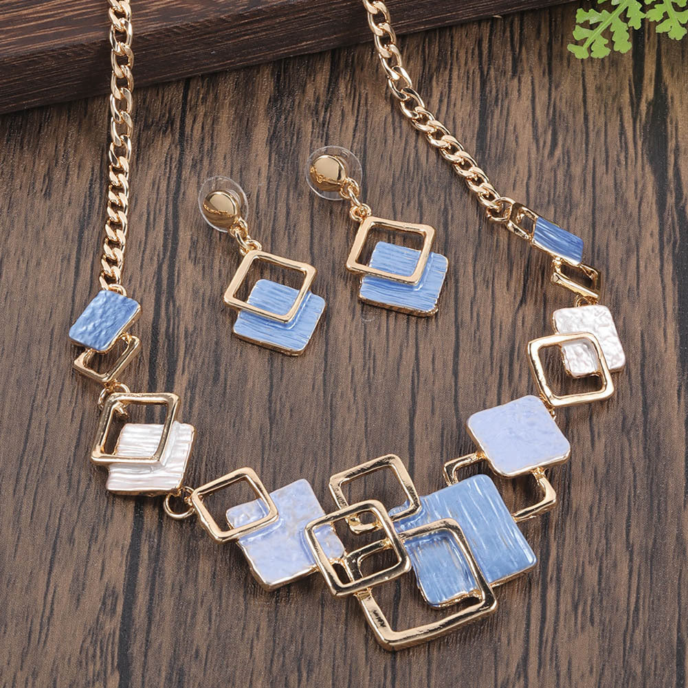 Necklace And Earrings Kit Zinc Alloy Geometric Square Color Oil Necklace Hollow Female Weloria