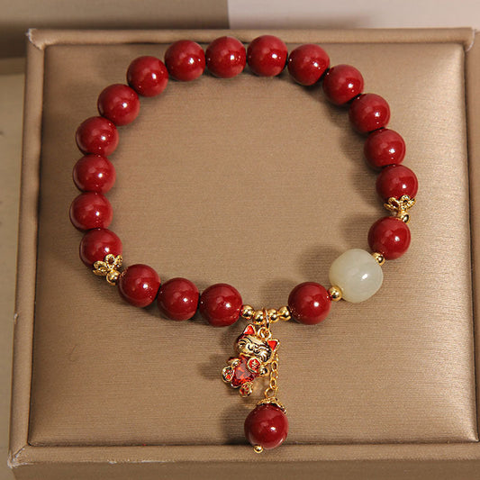 Cinnabar Beaded Lucky Cat Pendant Bracelet Weloria