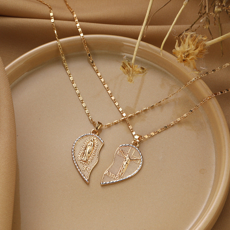 Real Gold Electroplated Jesus Pattern Two-half Love Pendant Twin Clavicle Chain Weloria