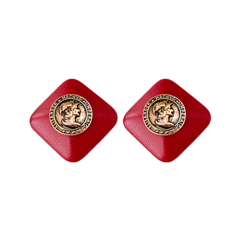 Silver Needle Diamond-shaped Faux Leather Portrait Earrings Weloria