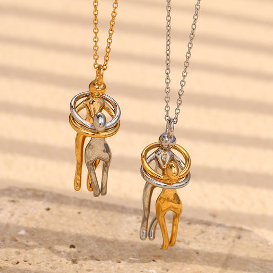 Stainless Steel 18K Gold Plating Lovers Hug Two-tone Necklace Weloria