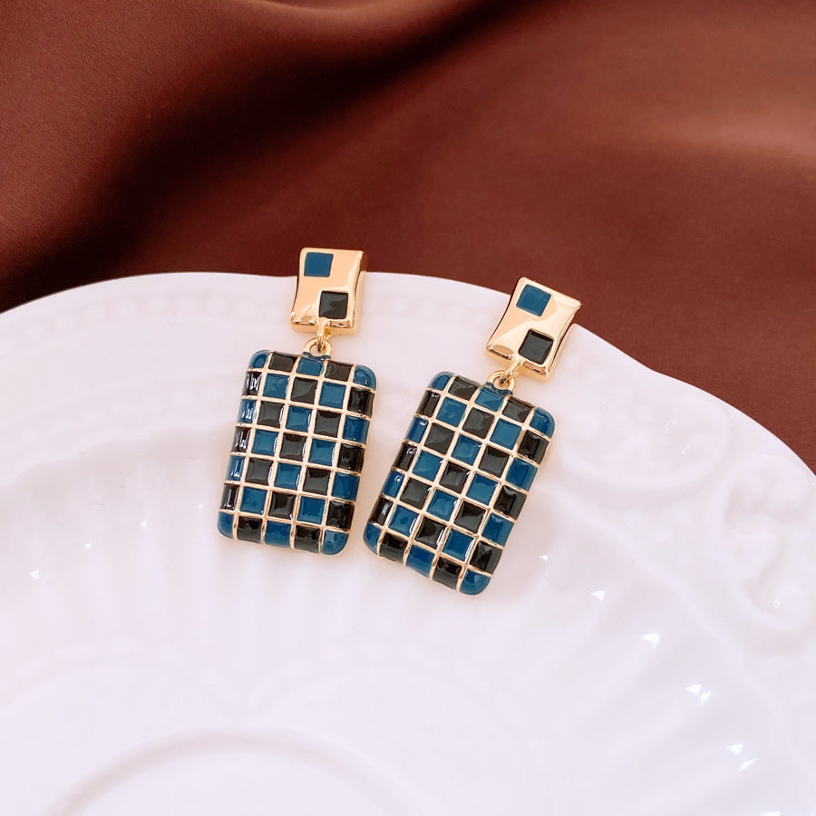 Real Gold Electroplated Silver Needle Oil-drop Rectangular Earrings Weloria