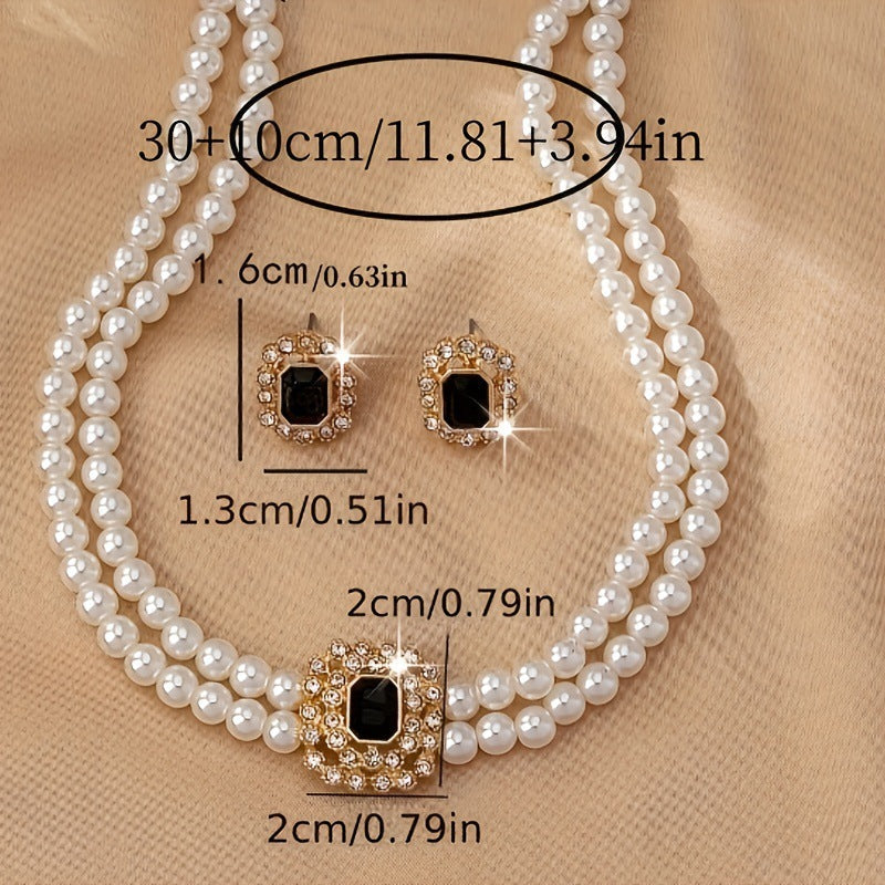 Stylish Elegant Double Row Pearl Square Diamond-studded Necklace Earings Set Weloria
