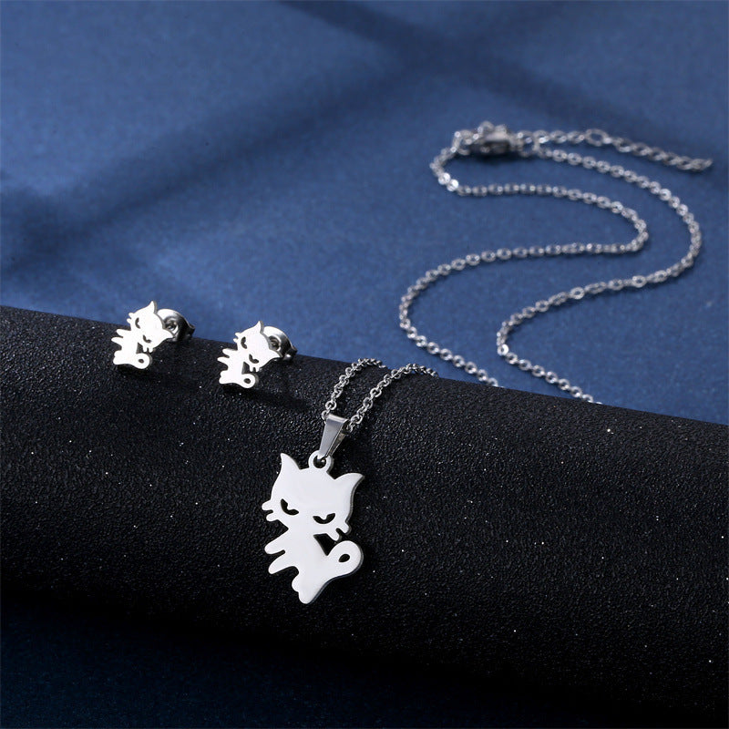 Stainless Steel Necklace Ear Stud Combination Suit Weloria