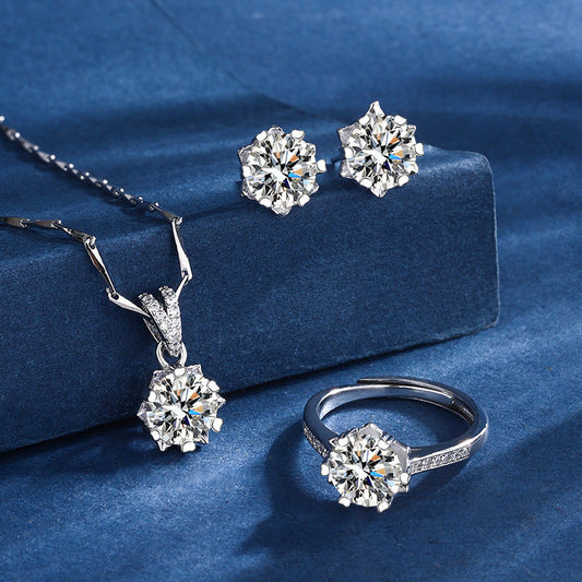 Snowflake Three-piece Simulation Moissanite Ring Necklace And Earring Suit Weloria