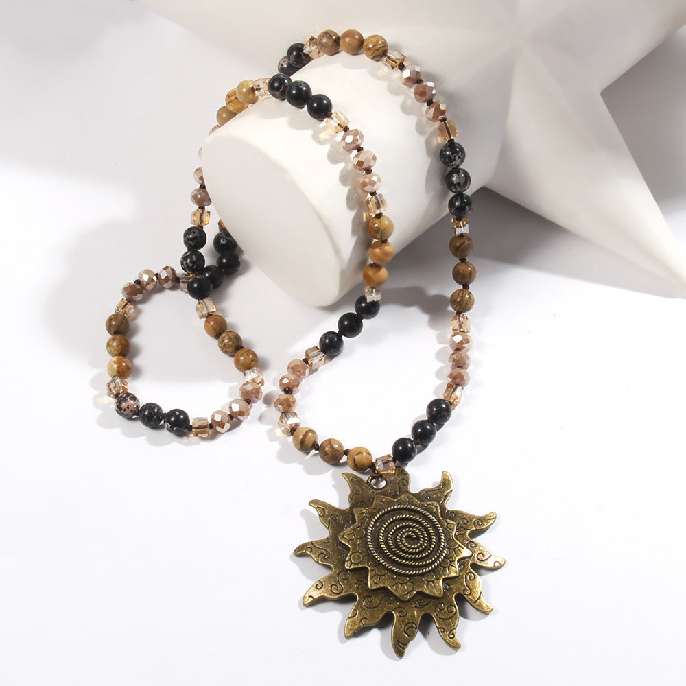 Glass Knotted Necklace Ancient Cyan Sun Pendant Necklace Sweater Chain Weloria