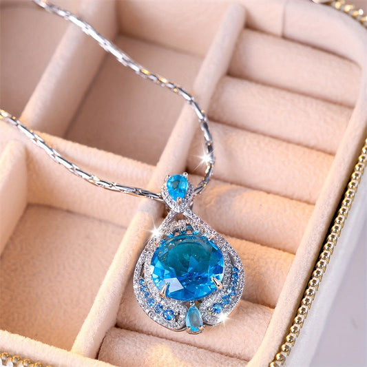 Simple Stylish Pendant Women's Bright Fireworks Cut Big Gram Blue Colored Gems Necklace Weloria