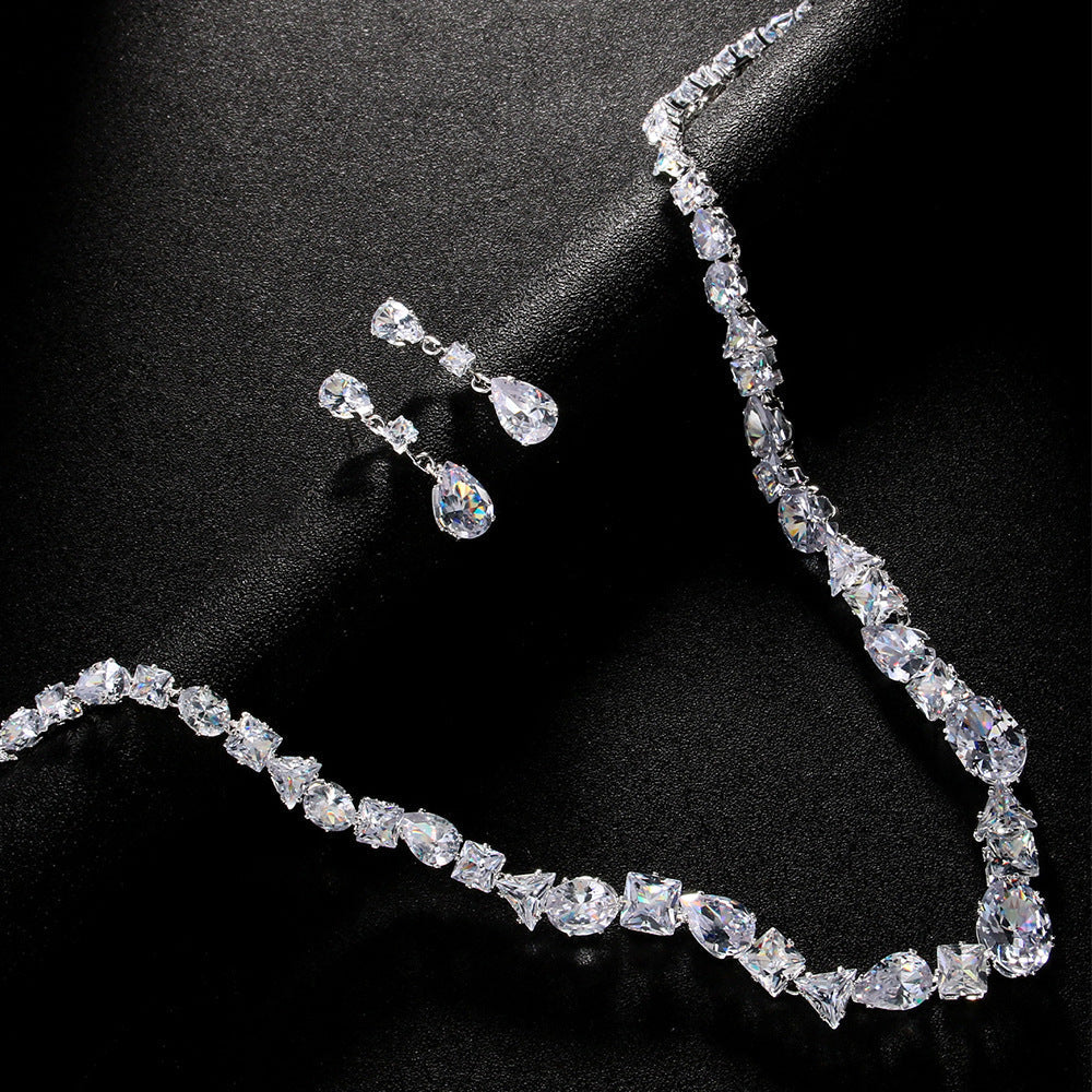Simple Full Rhinestone Zircon Necklace And Earrings Suite Weloria