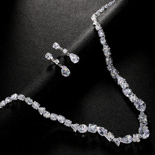 Simple Full Rhinestone Zircon Necklace And Earrings Suite Weloria