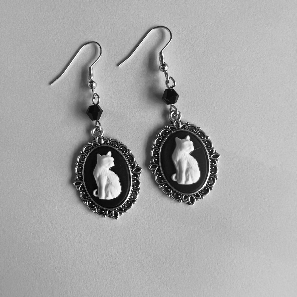 Gothic Black Cat Silver Frame Beads Earrings Weloria