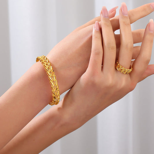 2Pcs Fashion 18k Gold Plated Wheat Ear Leaves Opening Bracelet Ring Set Suitable For Women's Daily Wear Holiday Jewelry Gifts Weloria