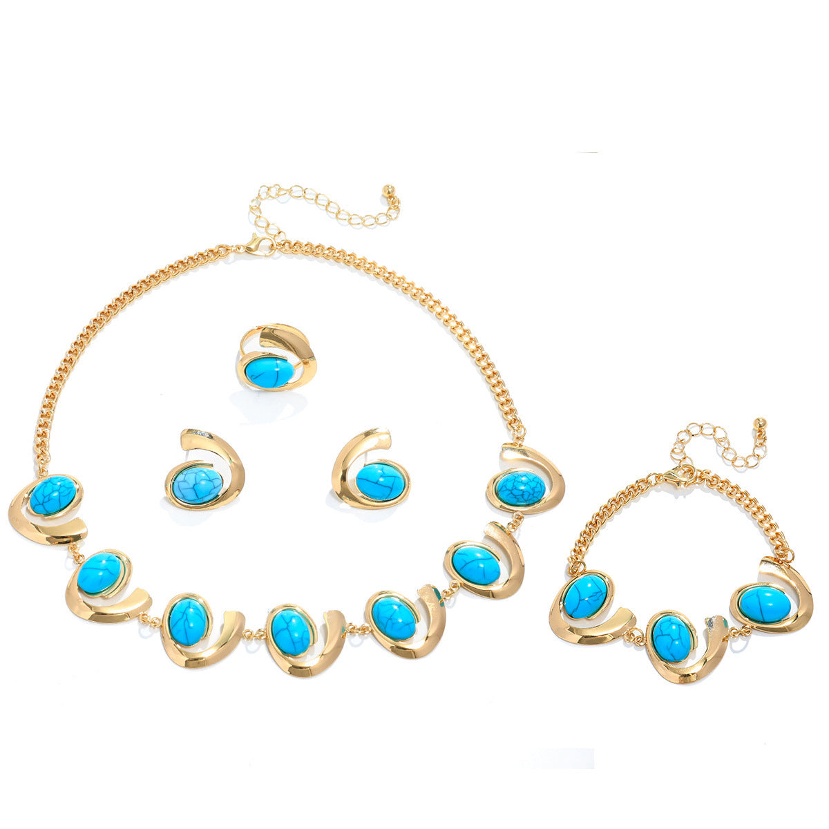 Inlaid Turquoise Spiral Earrings Necklace Bracelet Ring Set Weloria