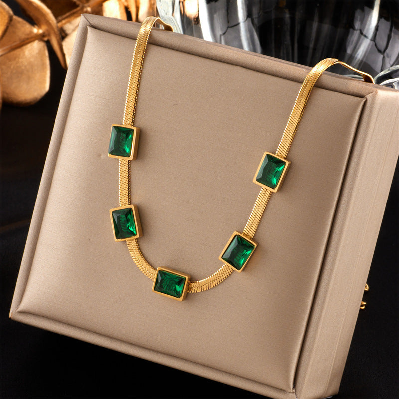 Simple Square Green Zircon Titanium Steel Necklace And Bracelet Suit Combination Weloria